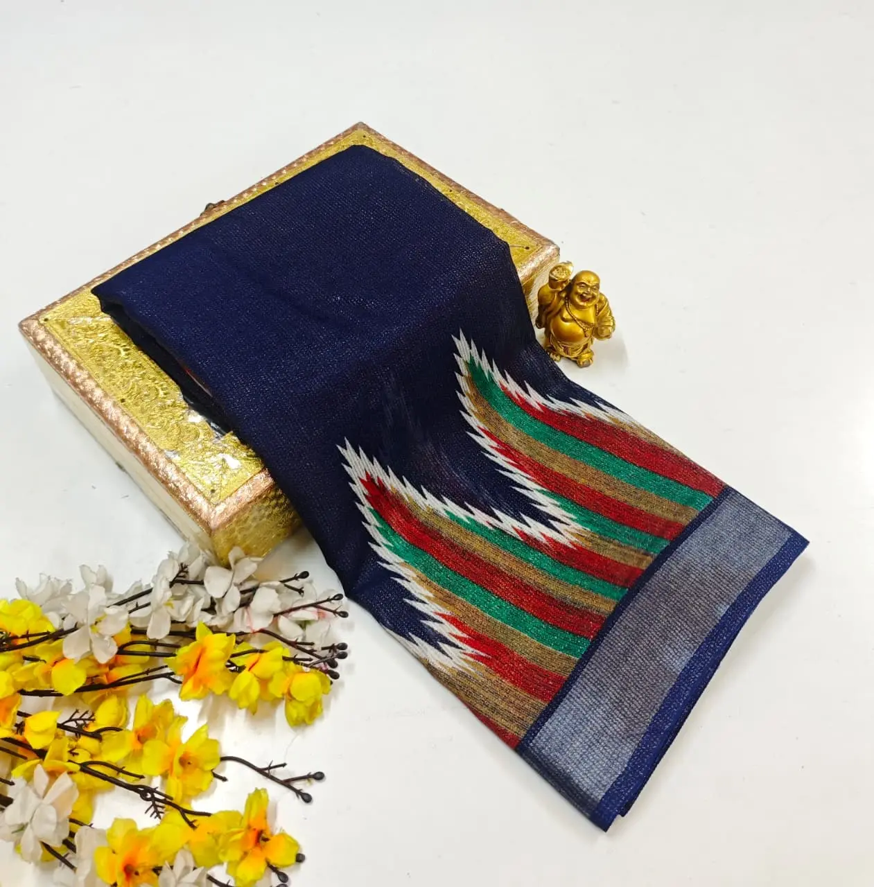 Multicolor Ikat Stripe Soft Linen-Cotton Saree